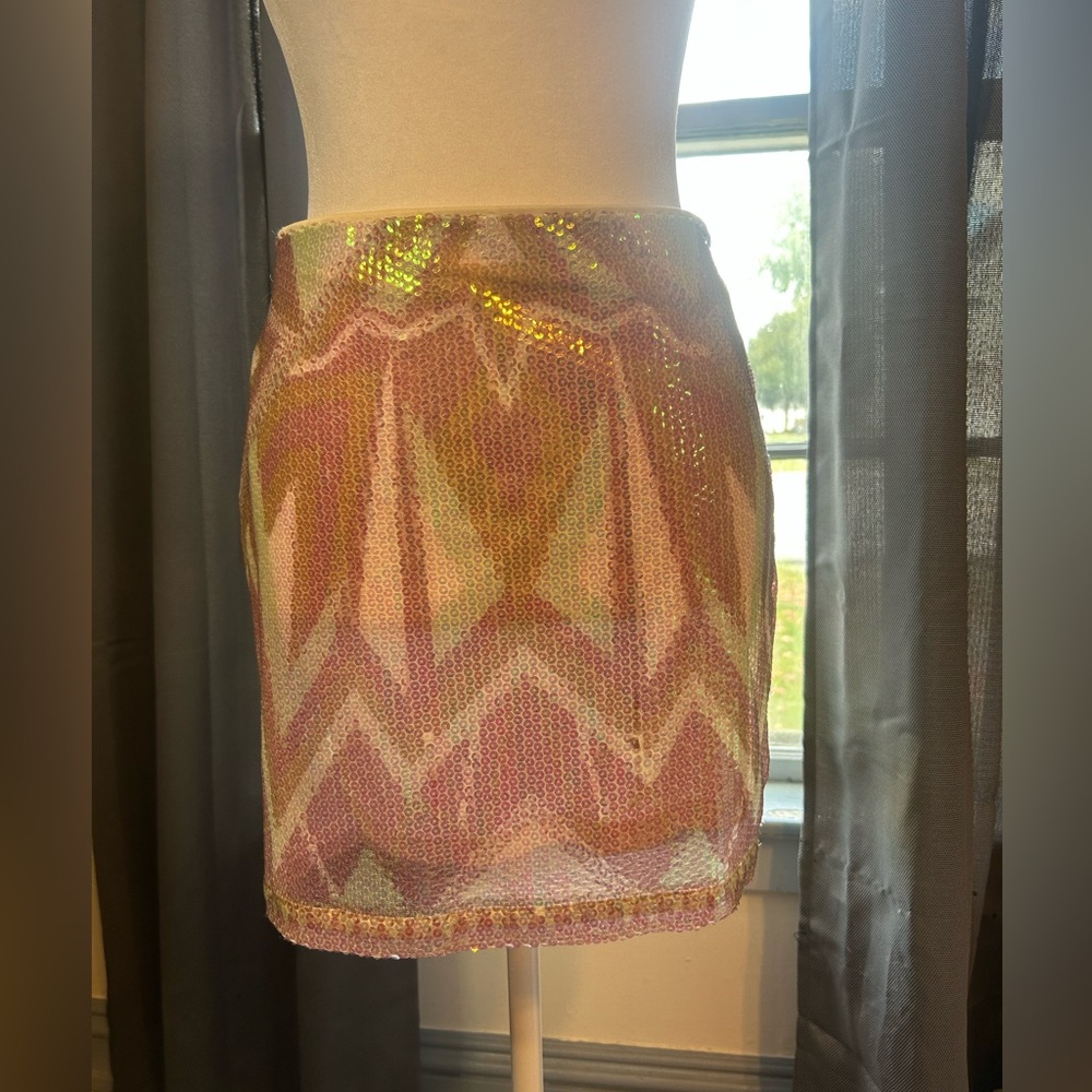 Decree Sequin Chevron Mini Skirt - Pink and Gold